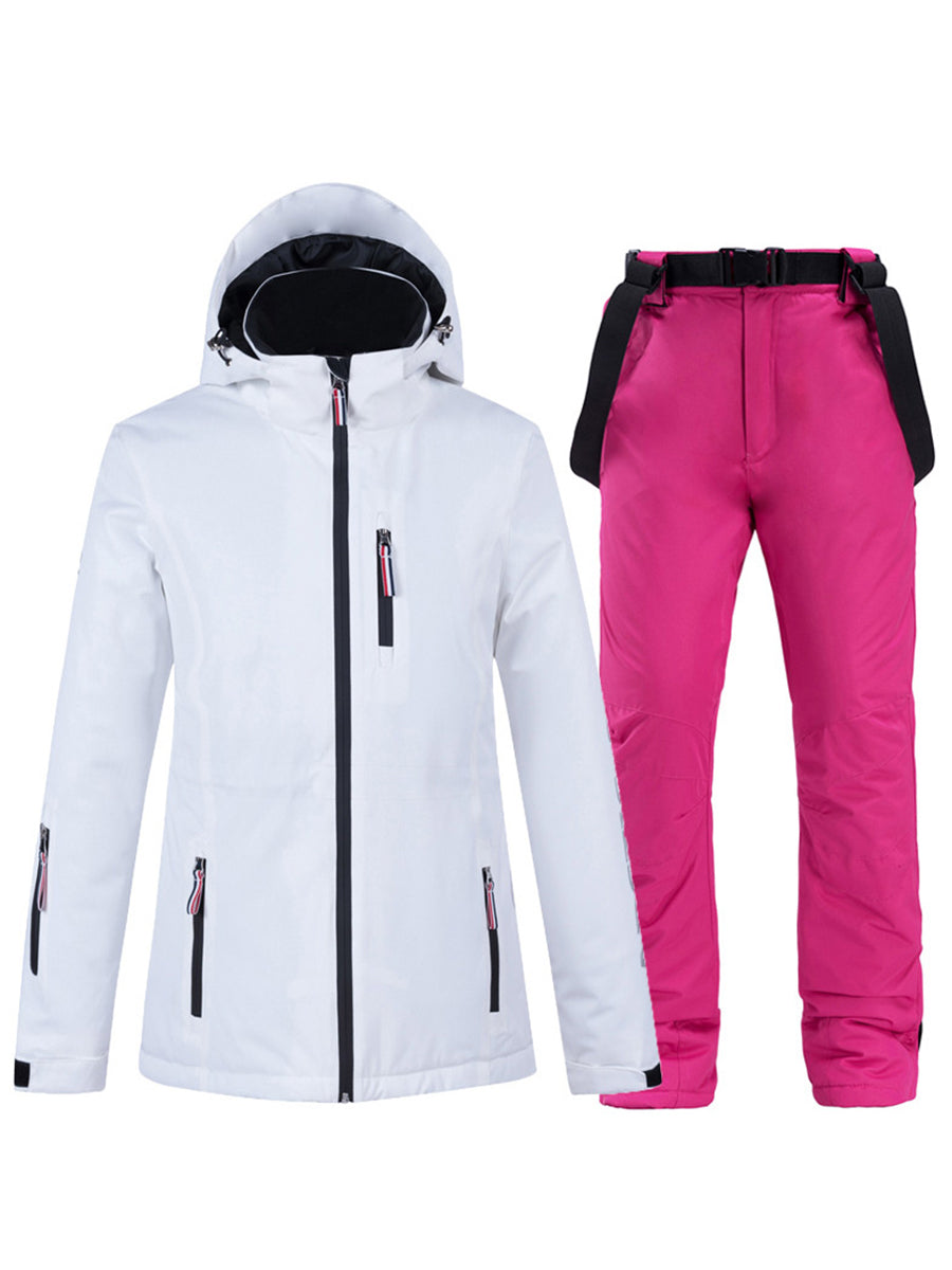 Women Striped Tape Hooded Ski Jacket & Overall Pants