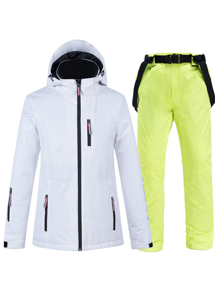 Women Striped Tape Hooded Ski Jacket & Overall Pants