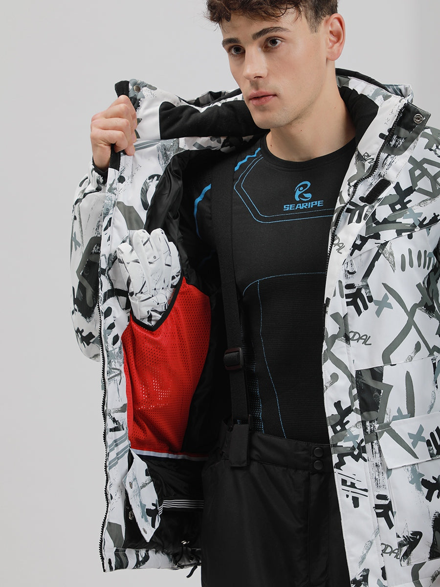 Yeefine Men Graffiti Print Ski Jacket