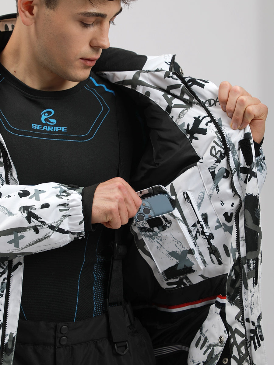 Yeefine Men Graffiti Print Ski Jacket