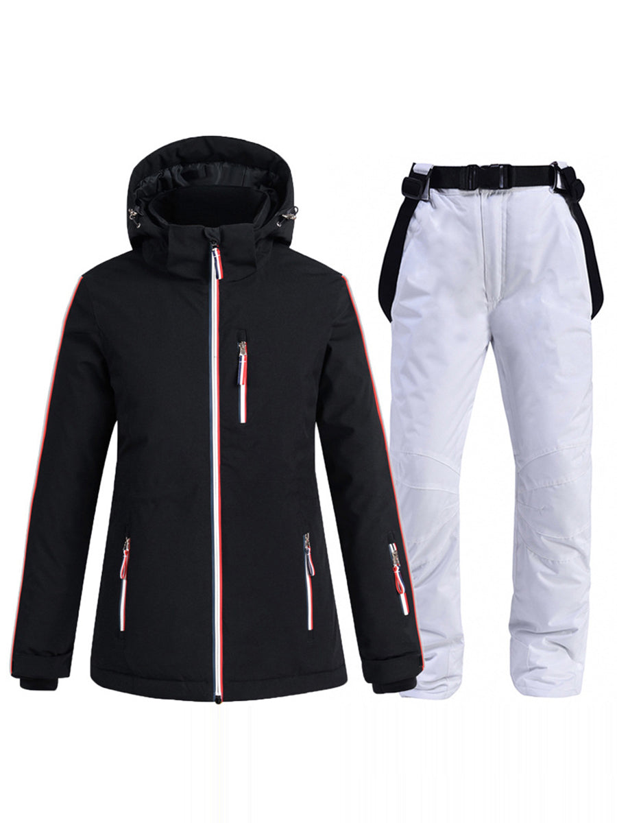 Women Striped Trim Hooded Ski Suit Set