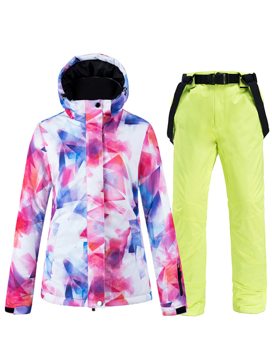 Colorful Women Hooded  Ski Jacket & Bib Pants