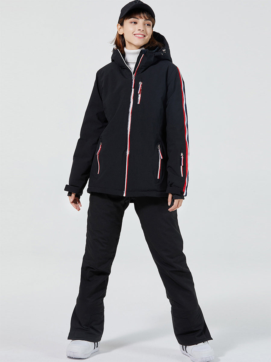 Women Striped Trim Hooded Ski Suit Set