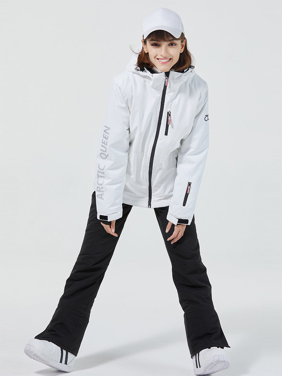 Women Striped Tape Hooded Ski Jacket & Overall Pants